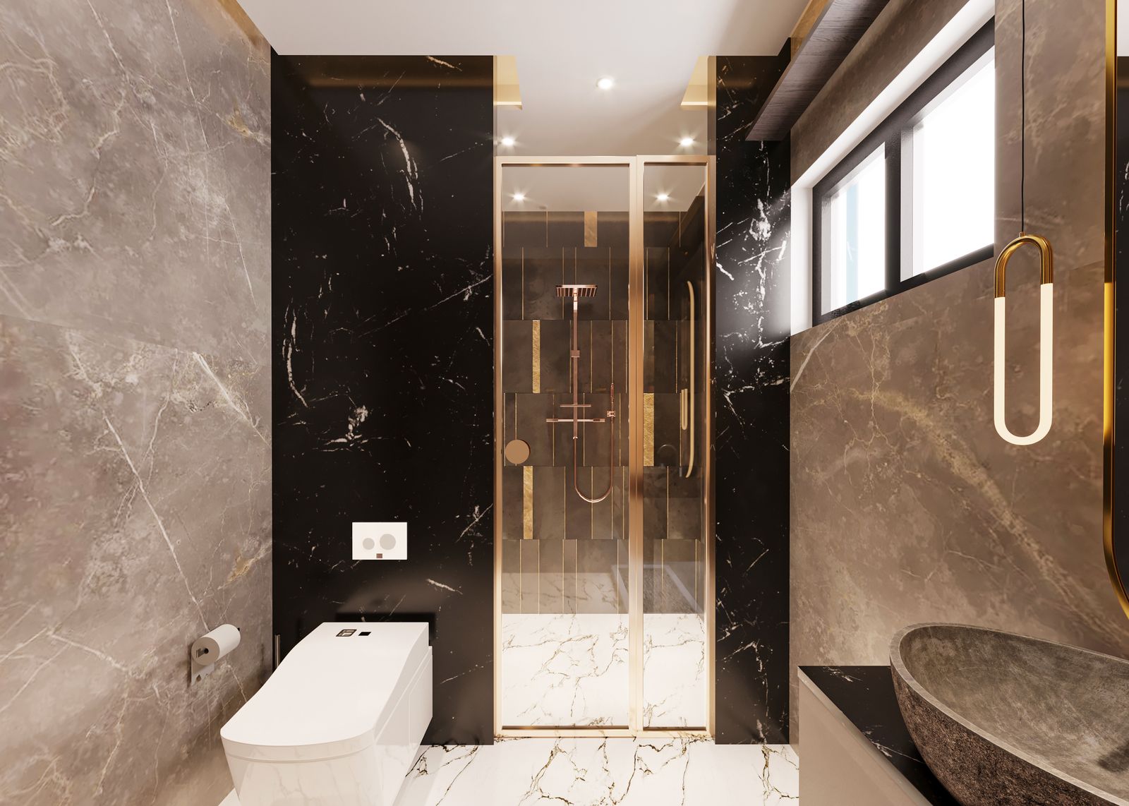 Dramatic walnut and marble bathroom by Reynolds Interior Design
