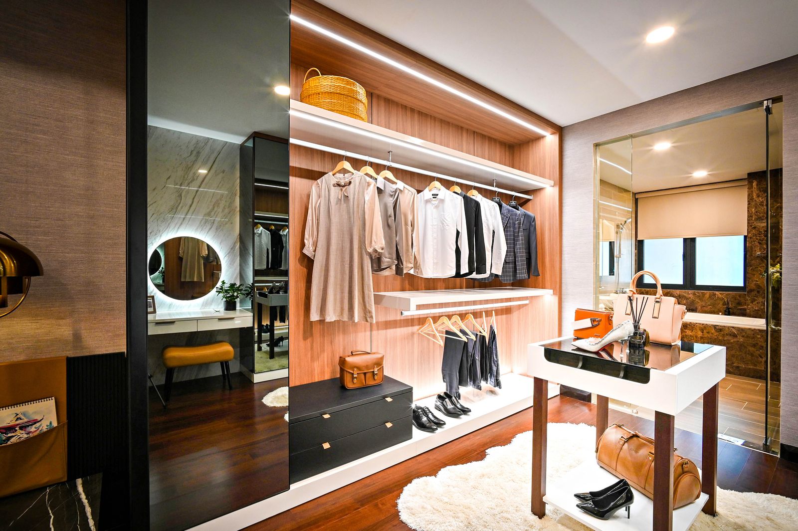 Custom walnut walk-in closet with center island